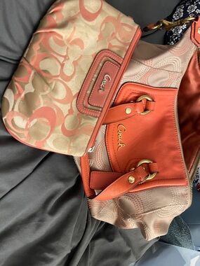Coach Coral and Beige Signature Logo Shoulder Bag